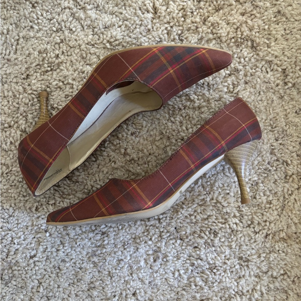 Plaid Pointed Toe Kitten Heel Pumps - Red Plaid